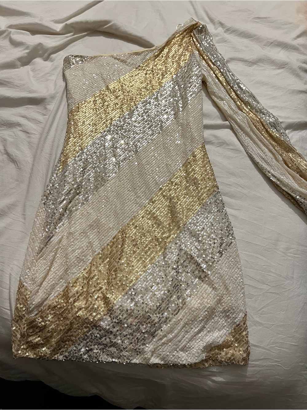 Sequin One-Shoulder Mini Dress by Thirty Party in Gold and Cream